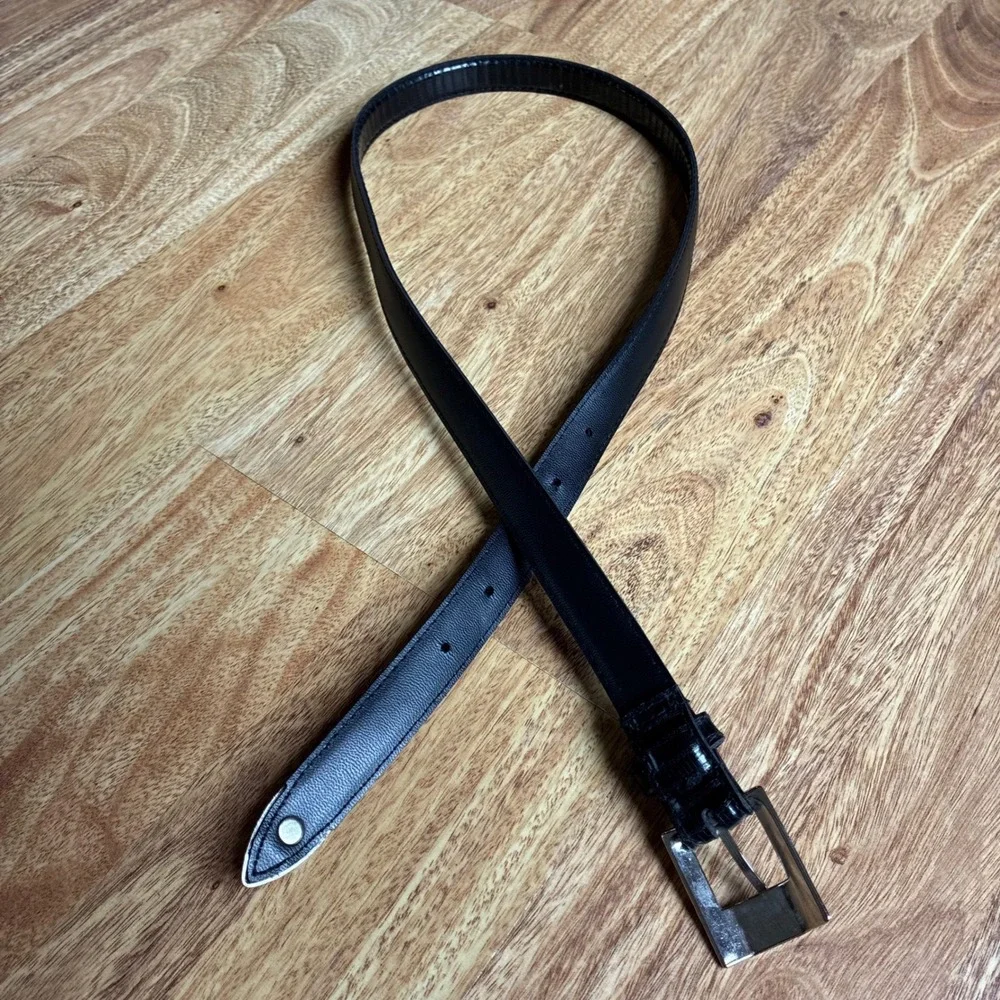 Vintage Lizard Embossed Belt Black 36 Western Silver Buckle Slim Metal Tip